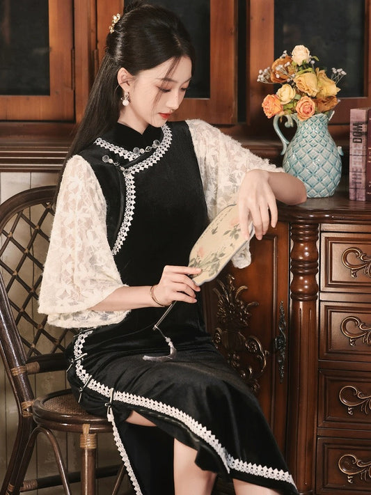 Vintage Lace Sleeve Long Cheongsam