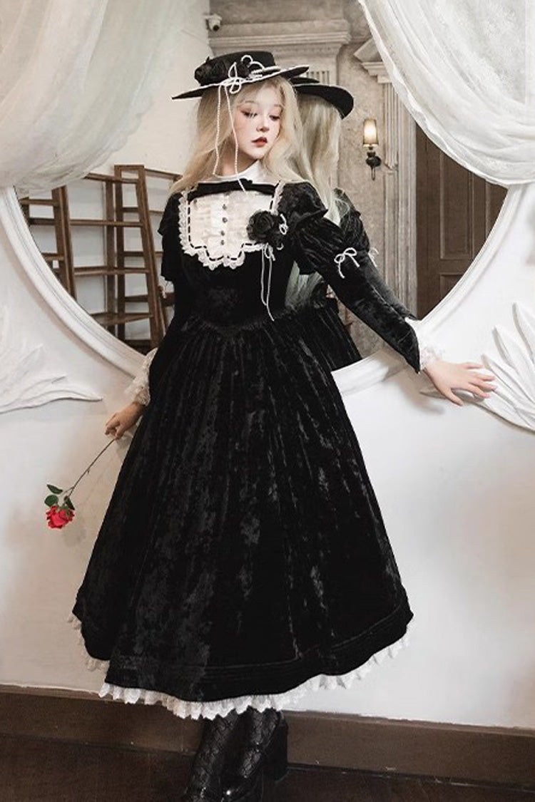 Noir Long Sleeve Ruffle Bow Lace Gothic Dress - Whispering Castle