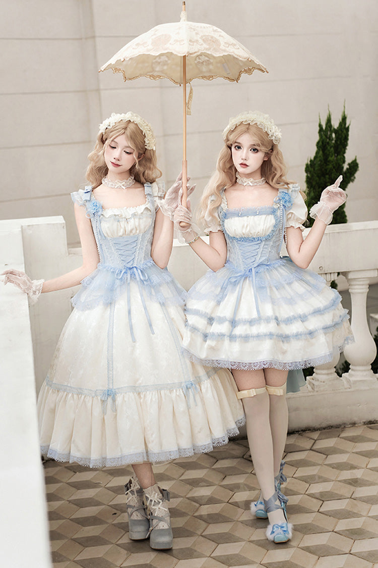Ivory Square Collar Short Sleeve Ruffle Fishbone Sweet Short Dress - Sea Salt Iced Tea