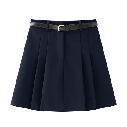 Chic Chiffon Sleeve Shirt High Waist Belted Pleated Skirt