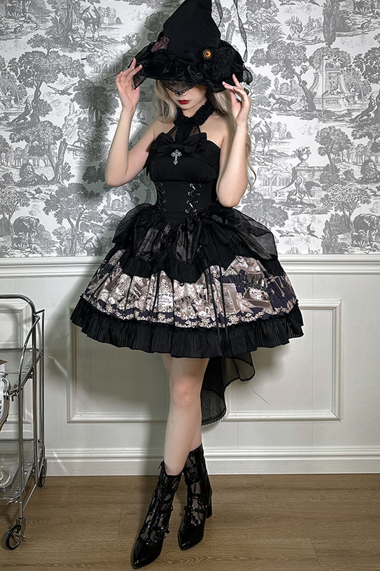 Noir Halter Neck Printed Ruffle Bow Drawstring Gothic Dress - The Mystery of The Doll