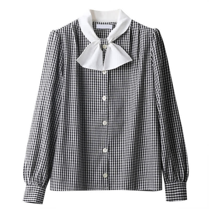 Lattice Print Bow Tie Puff Sleeve Shirt Workwear