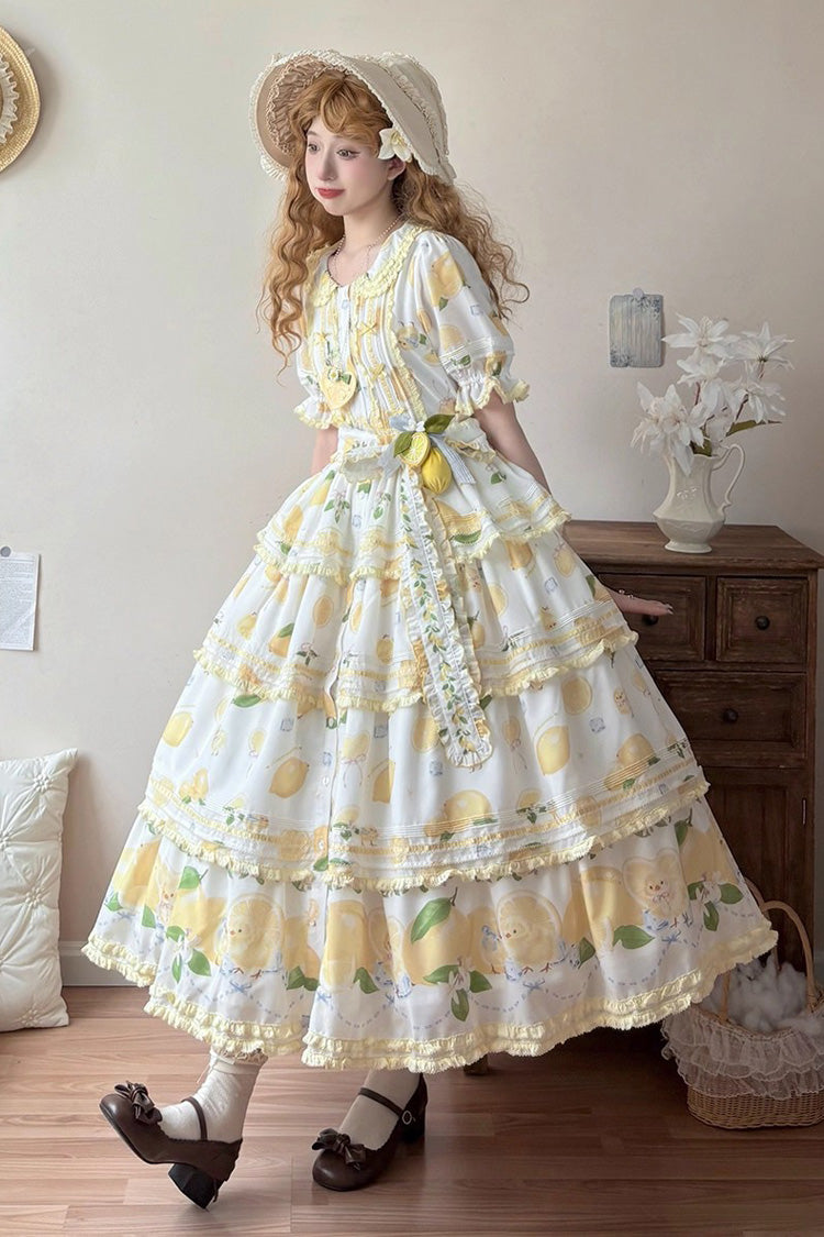 Triple-Layered Print Ruffled Bow Lace Sweet Gorgeous Lolita Dress - White Lemon Chicken