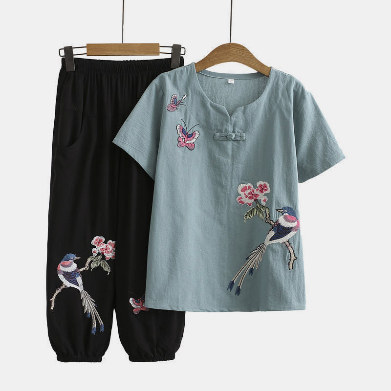 Vintage Bird Embroidery Buckle T-Shirt Pants Set