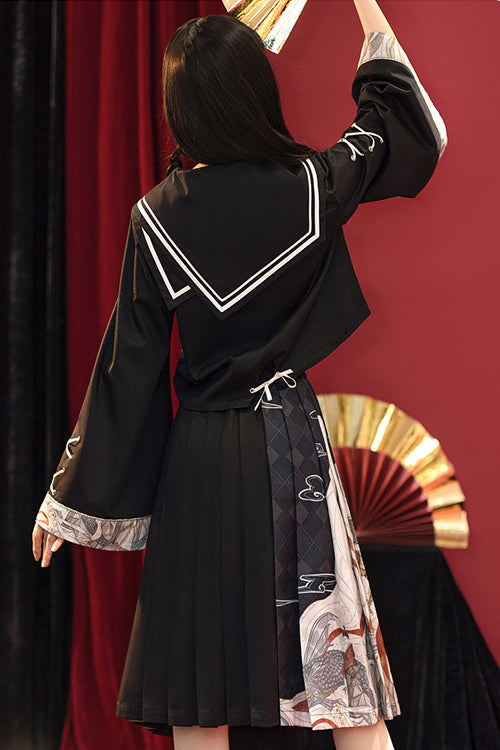 Classic Lolita Dress Set with Chinese Elements, Asymmetric Pleats and Bad Girl Print