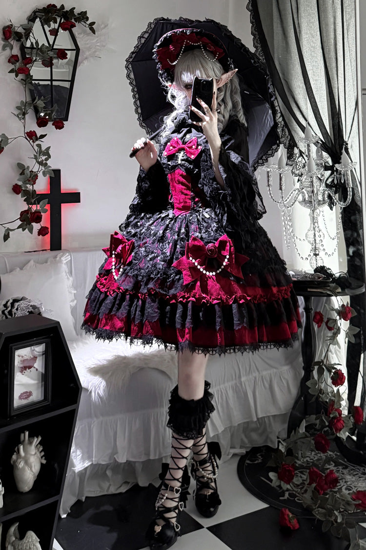 Crimson Ebony Sleeveless Ruffle Bow Lace Corset Gothic Ballet Jumper Dress - Rose Princess