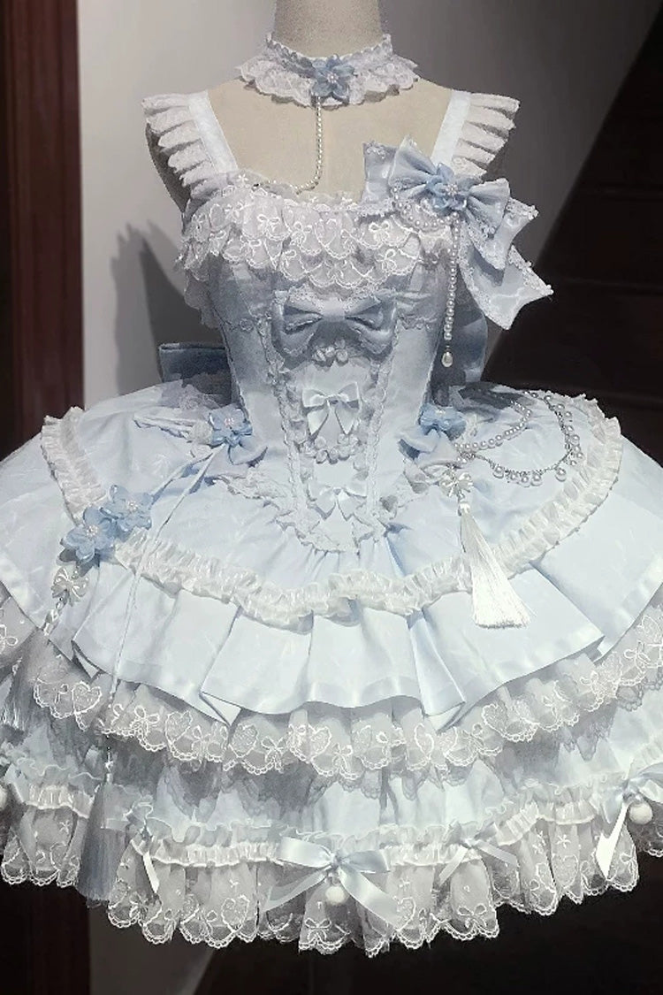 Green [Prelude of Spring Cherry] Square Collar Sleeveless Multi-Layered Jacquard Ruffled Bow Lace Pearl-Decorated Sweet Lolita Jsk Dress