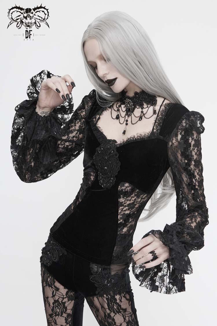 Women's Gothic T-Shirt in Black with Decals, Lantern Sleeves, Lace Cuffs & Back Lace-Up Velvet Knit