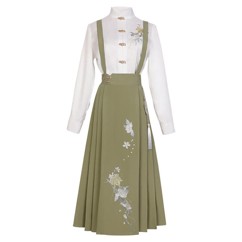 Buckle Floral Embroidery Green Dress Set