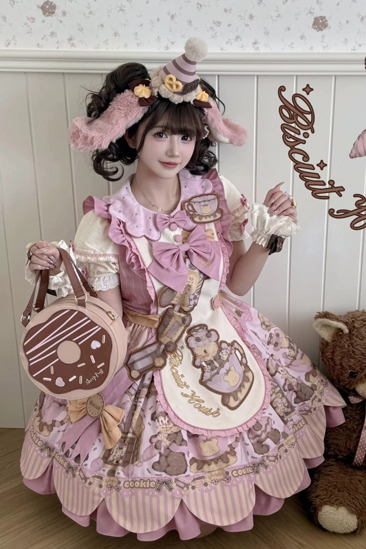 Teddy Bear Cookie Dessert Print Dress with Bow & Ruffles