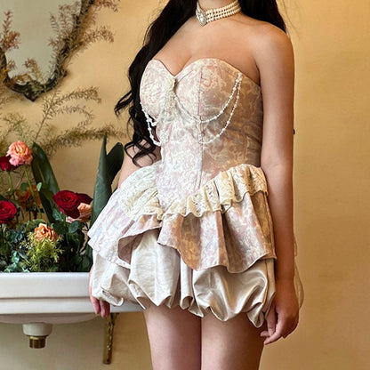 Elegant Princess Off The Shoulder Lace Pearl Deocr Mini Dress