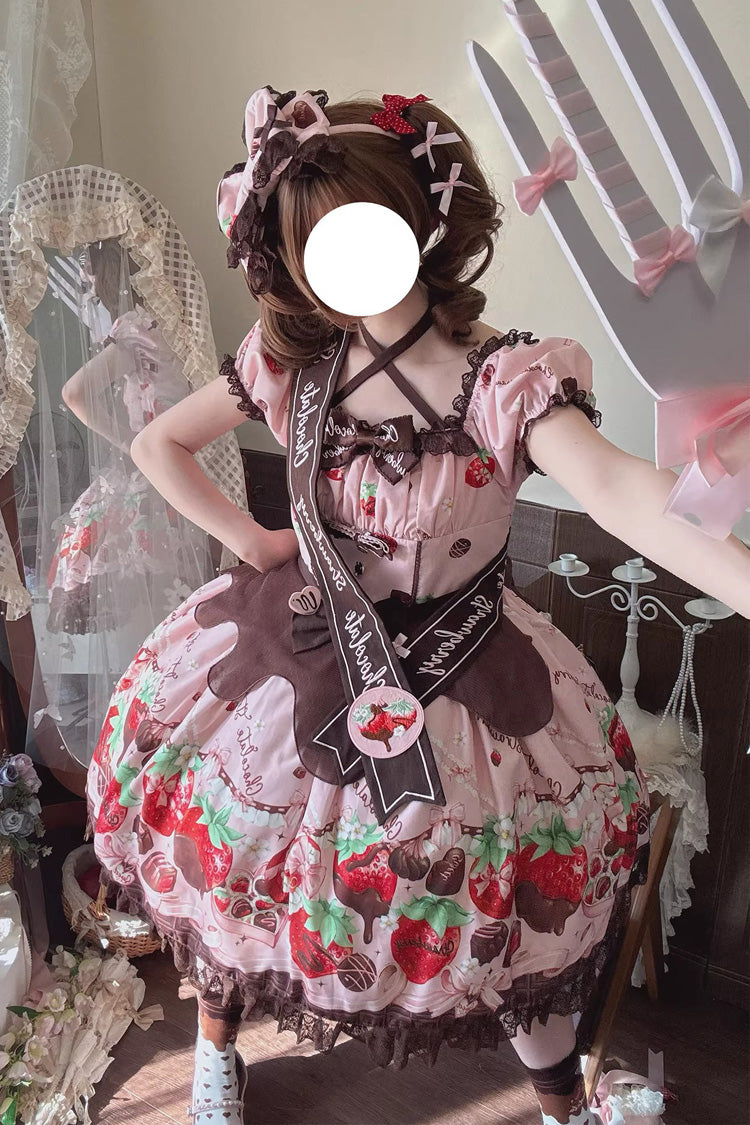 Chocolate Lover Square Collar Printed Bow Lace Sweet Lolita Dress