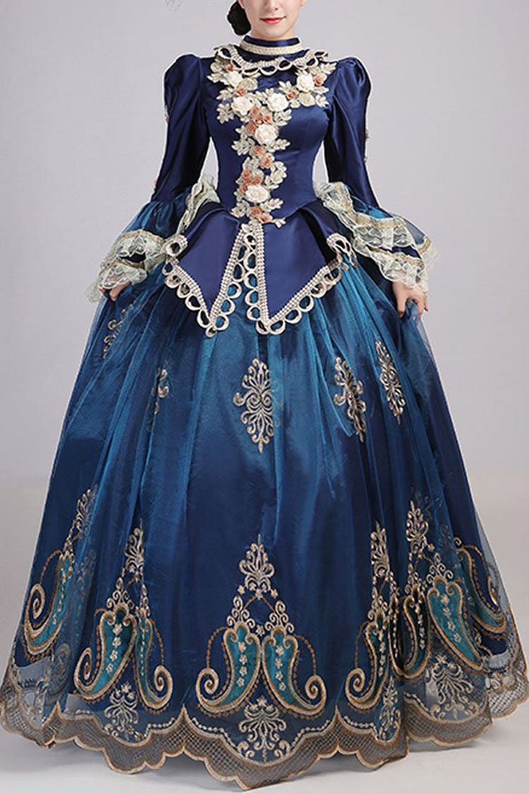 Blue Trumpet Sleeve Victorian Gown - 3D Flower Hollow Embroidery