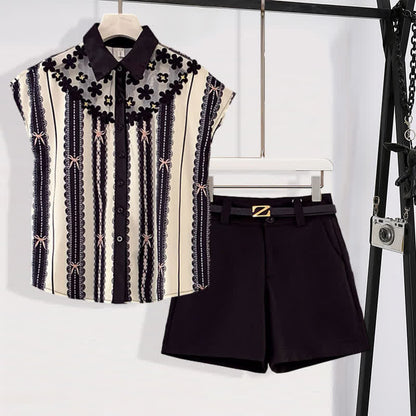 Stripe Print Mesh Chiffon T-Shirt Casual Belted Shorts