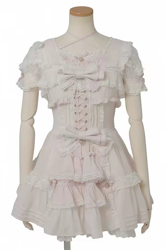 Sweet Short Sleeves Ruffled Bow Lace Jirai Kei Japanese Plus Size Lolita Dress 3 Colors