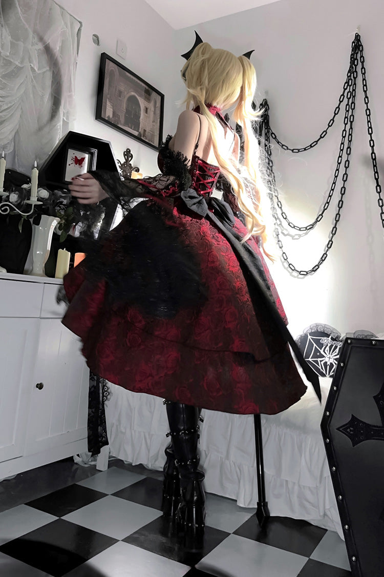 Crimson Rose Dish Ruffled Cardigan Bow Lace-Up Gothic Lolita Jumper Dress