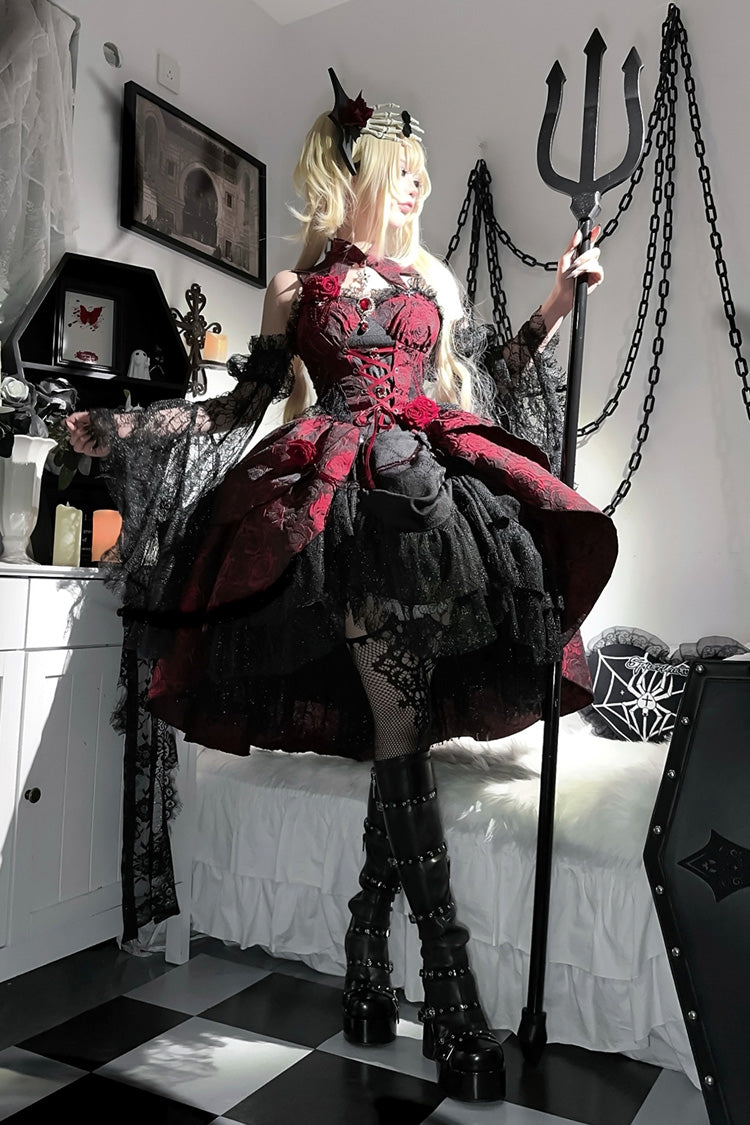 Black and Red Jacquard Print Gothic Lolita Dress with Lace-Up