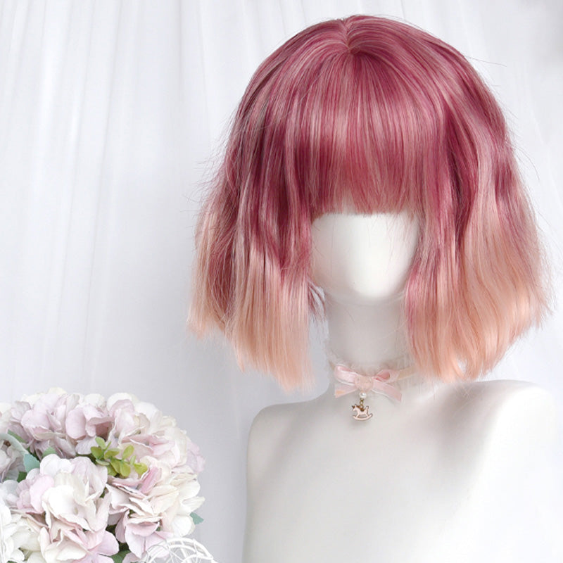 Gradient Pink Short Straight Ponytails Wig With Bangs MK19620