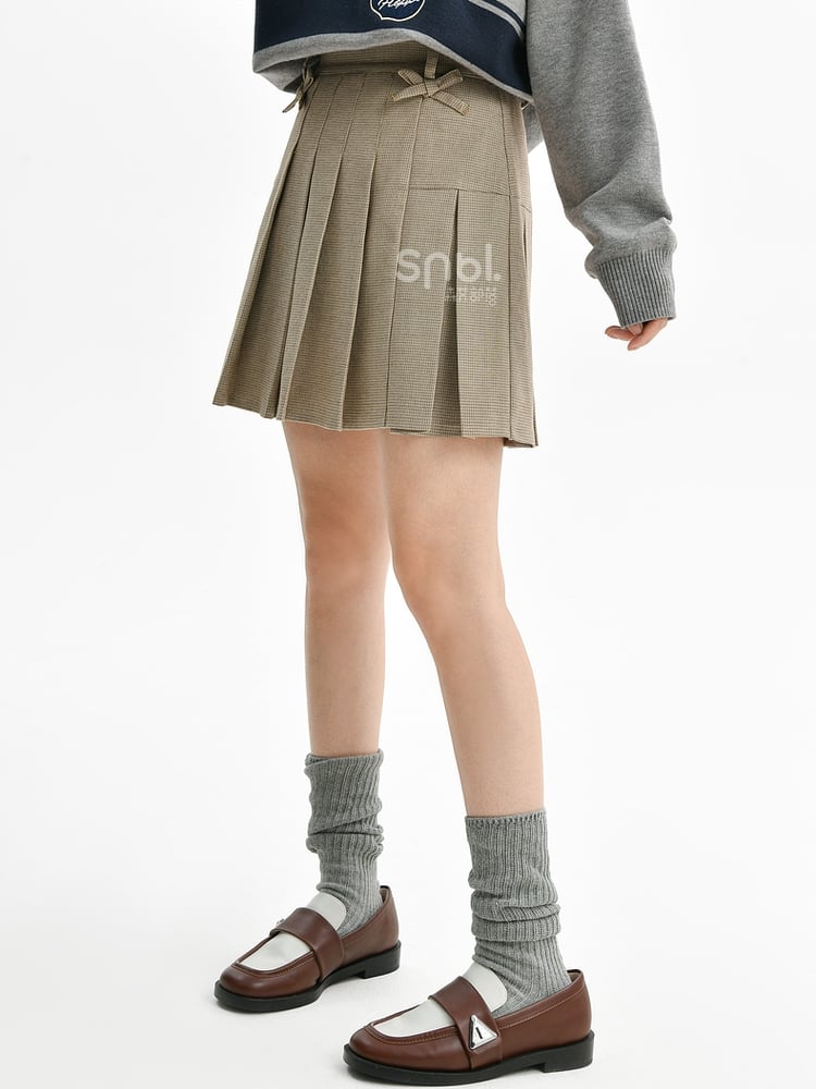 Khaki Bow Accents Plaid Pleated Skirt