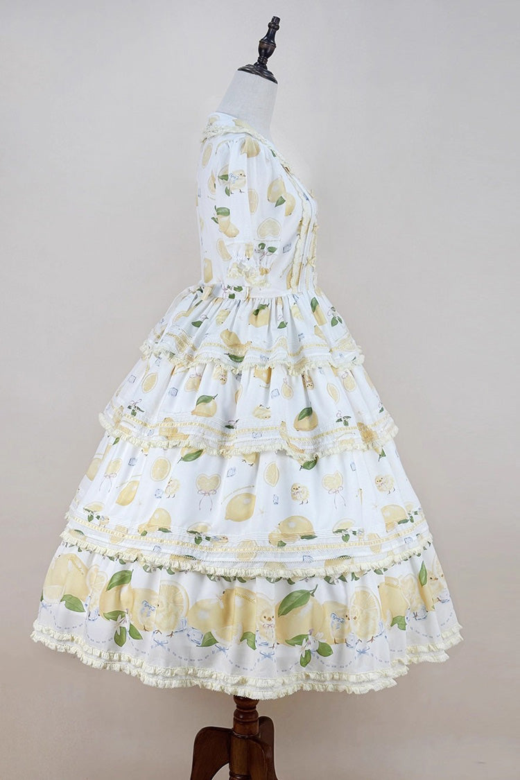 Triple-Layered Print Ruffled Bow Lace Sweet Gorgeous Lolita Dress - White Lemon Chicken