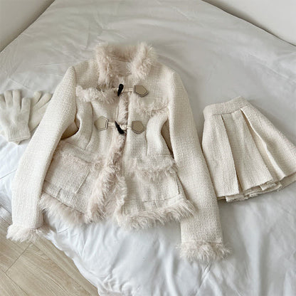 Elegant Fuzzy Lapel Coat Pleated Mini Skirt Set