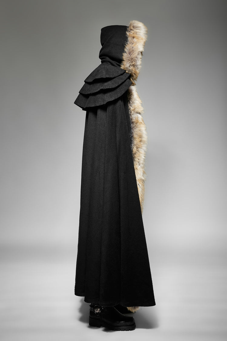 Men's Gothic Coat Cloak with Hooded Fur Collar Wool Long Design