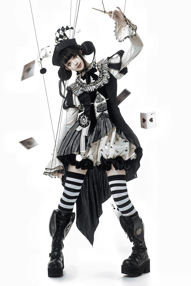 Noir Clown Print Ruffle Embroidered Asymmetric Ouji Full Set - Weird Toy Box