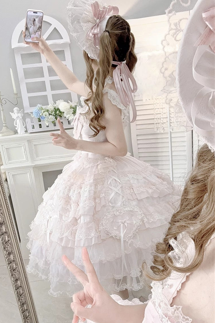 Rosy Ruffle Cascade Bow Embellished Sweetheart Lolita Jumper Dress - Sweetheart Diary