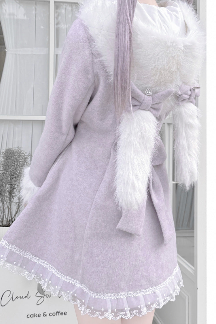 Jirai Kei Coat with Detachable Rabbit Ears Hood, Bowknot, Grey/Purple