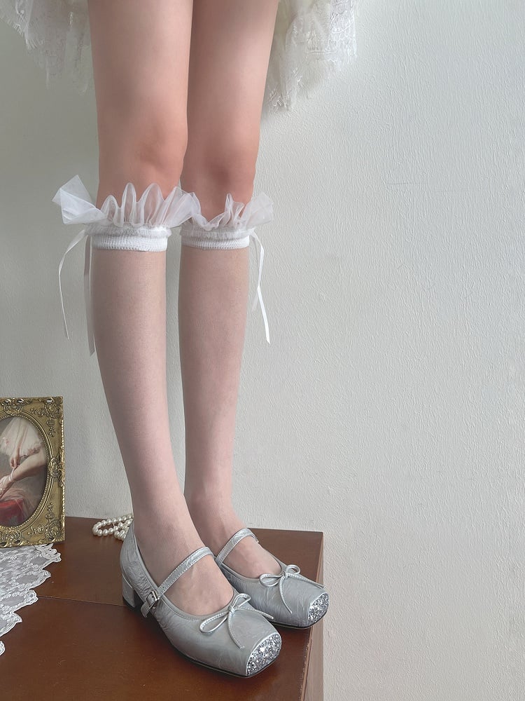 Tulle Bowknot White Details Ruffled Underknee Stockings