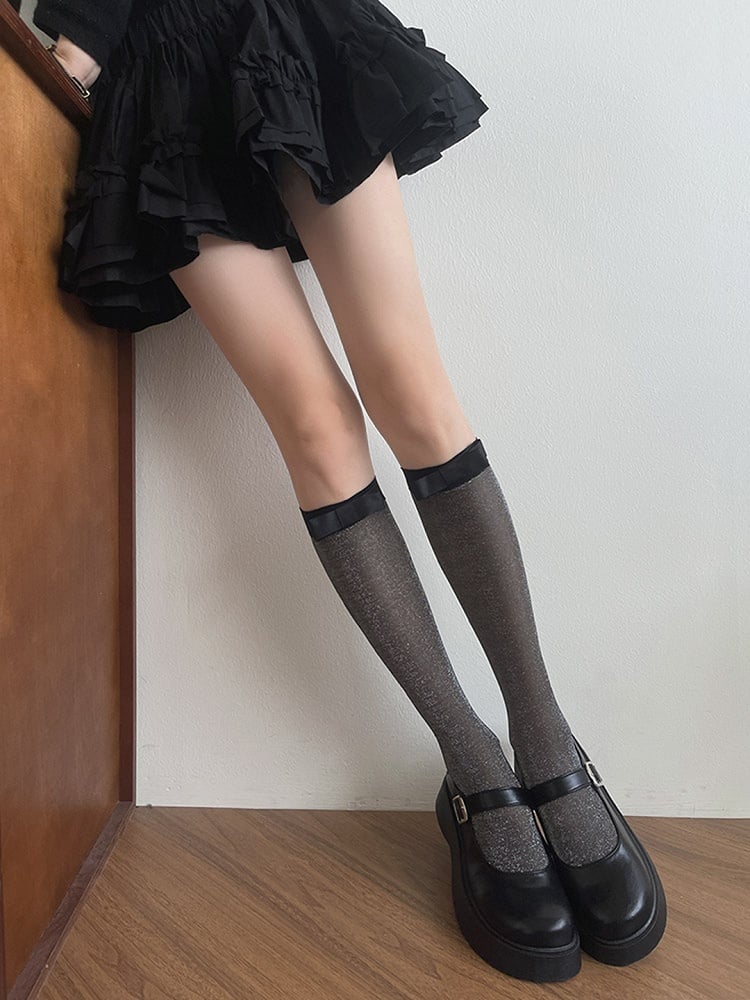 Bowknot Light Grey/Black Stockings Details Semi-sheer Underknee