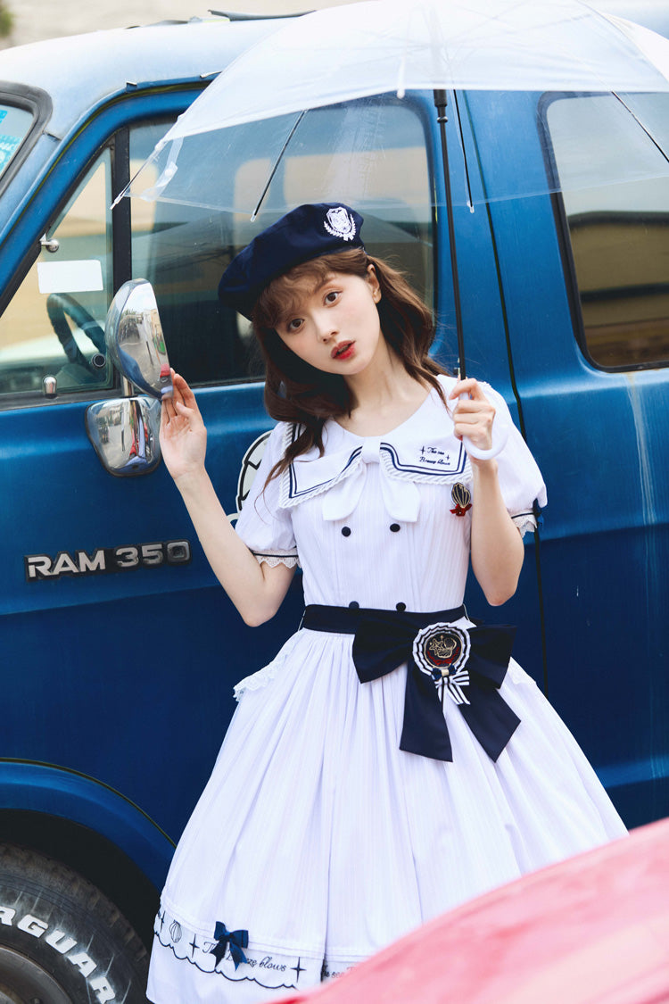 Navy Stripe Short Sleeve Ruffled Embroidery Sweet Lolita Dress
