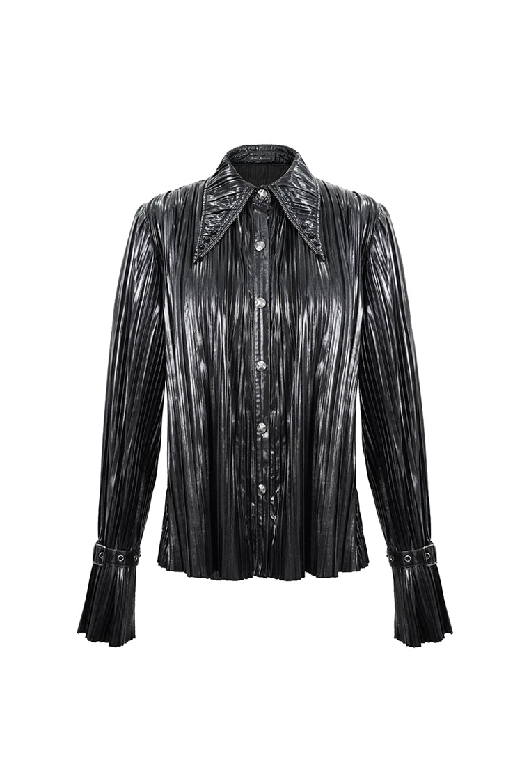 Edgy Studded Cuff Punk Blouse with Pleated Pointed Collar