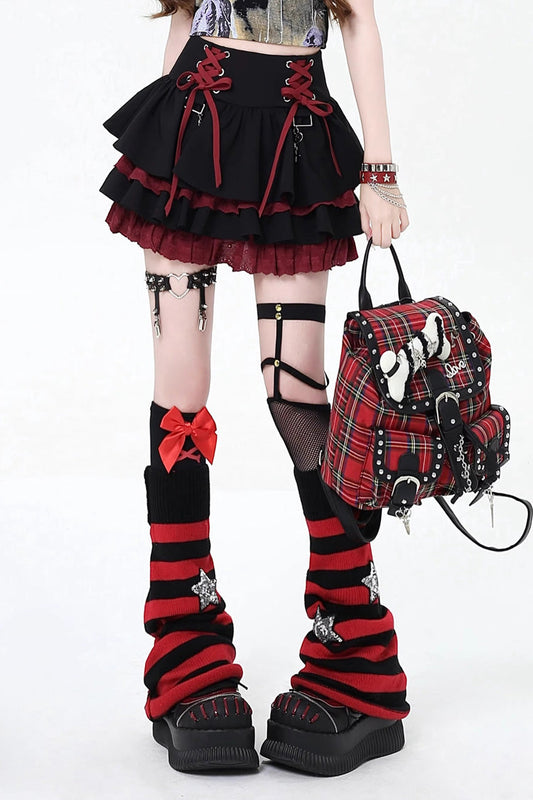 Rebellious Period Double-Layered Ruffle Lace-Up Gothic Japanese Skirt
