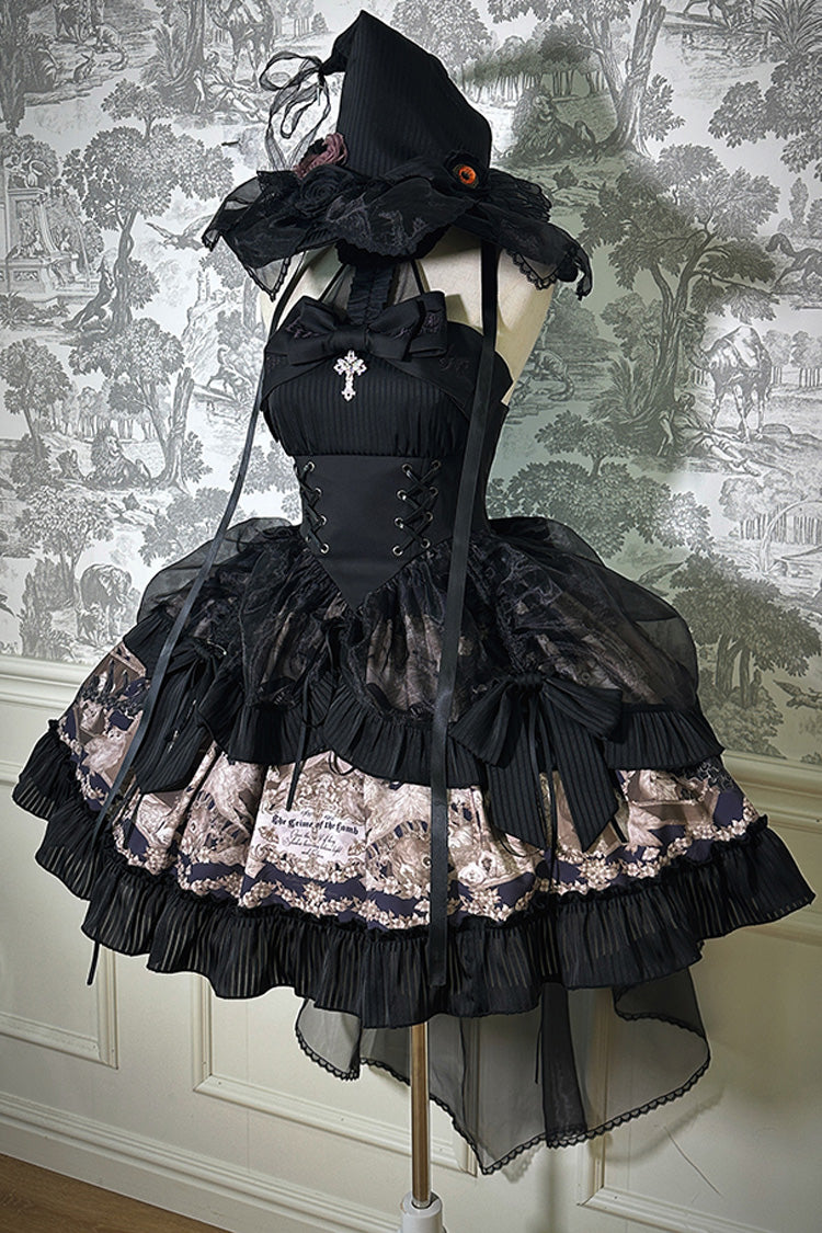 Noir Halter Neck Printed Ruffle Bow Drawstring Gothic Dress - The Mystery of The Doll