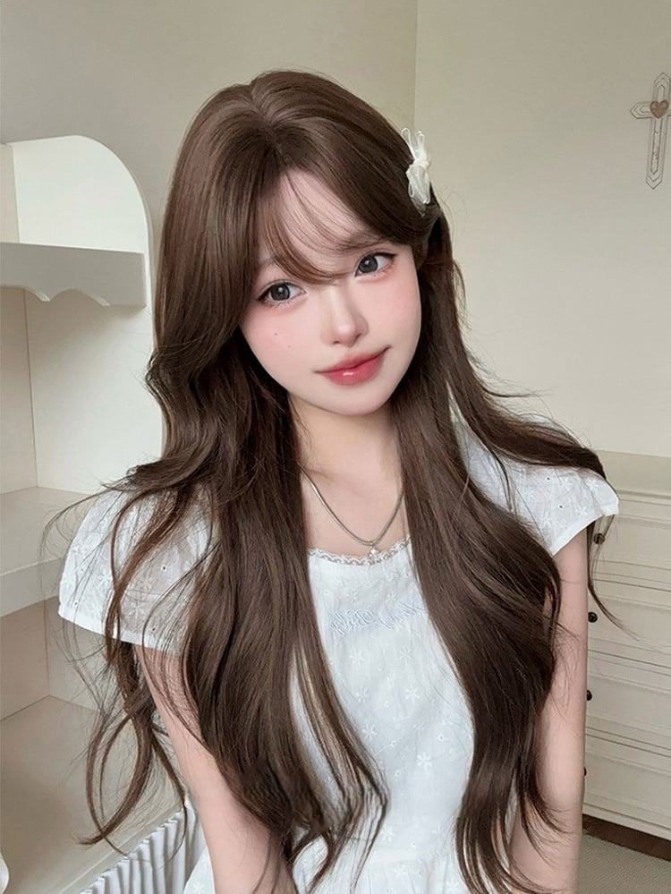 Brown Length Wavy Wig Air With Bangs 71CM