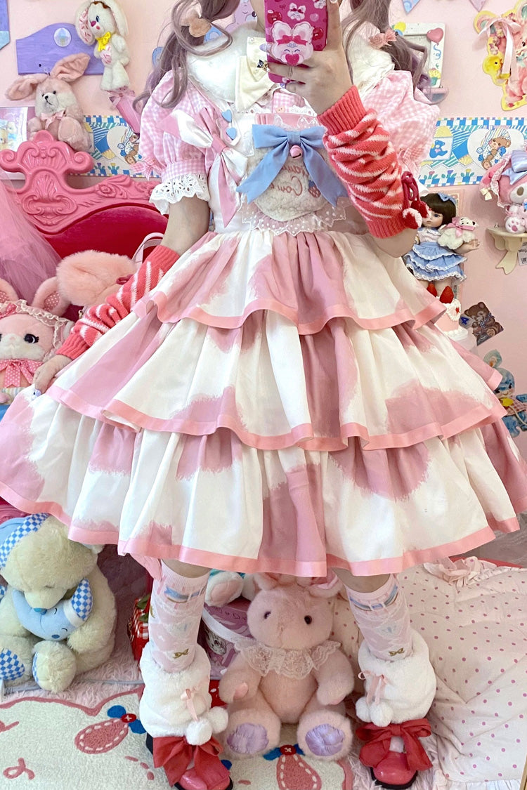 Pink Sleeveless Triple Layer Cow Print Ruffle Bow Sweet Jsk