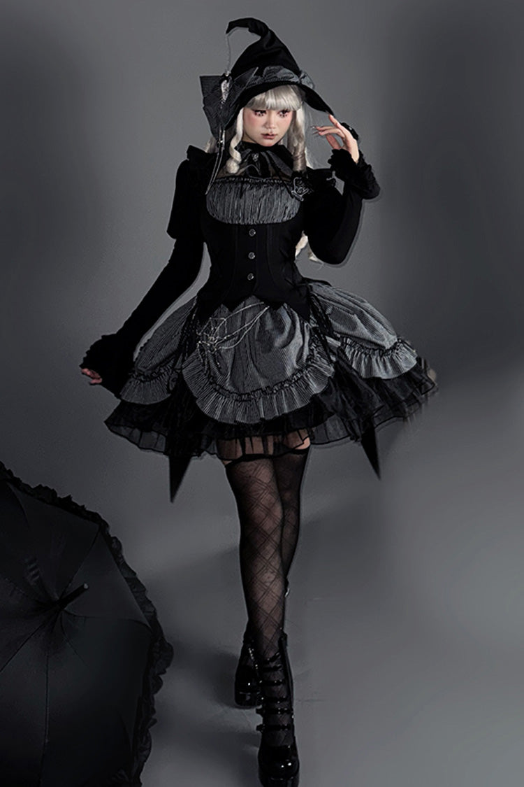 Gothic Lolita Dress with Triple-Layered Ruffle, Bowknot, Lace, Grey Potions