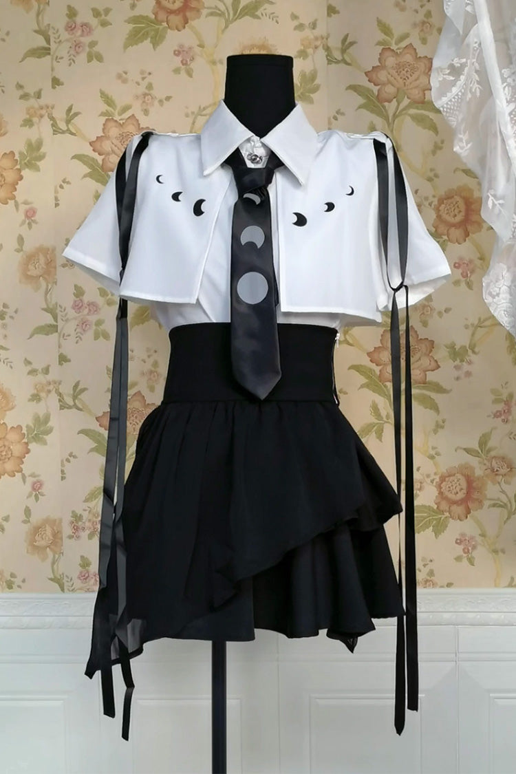 Monochrome Asymmetric Gothic Skirt and Blouse Set with Ruffled Short Sleeves