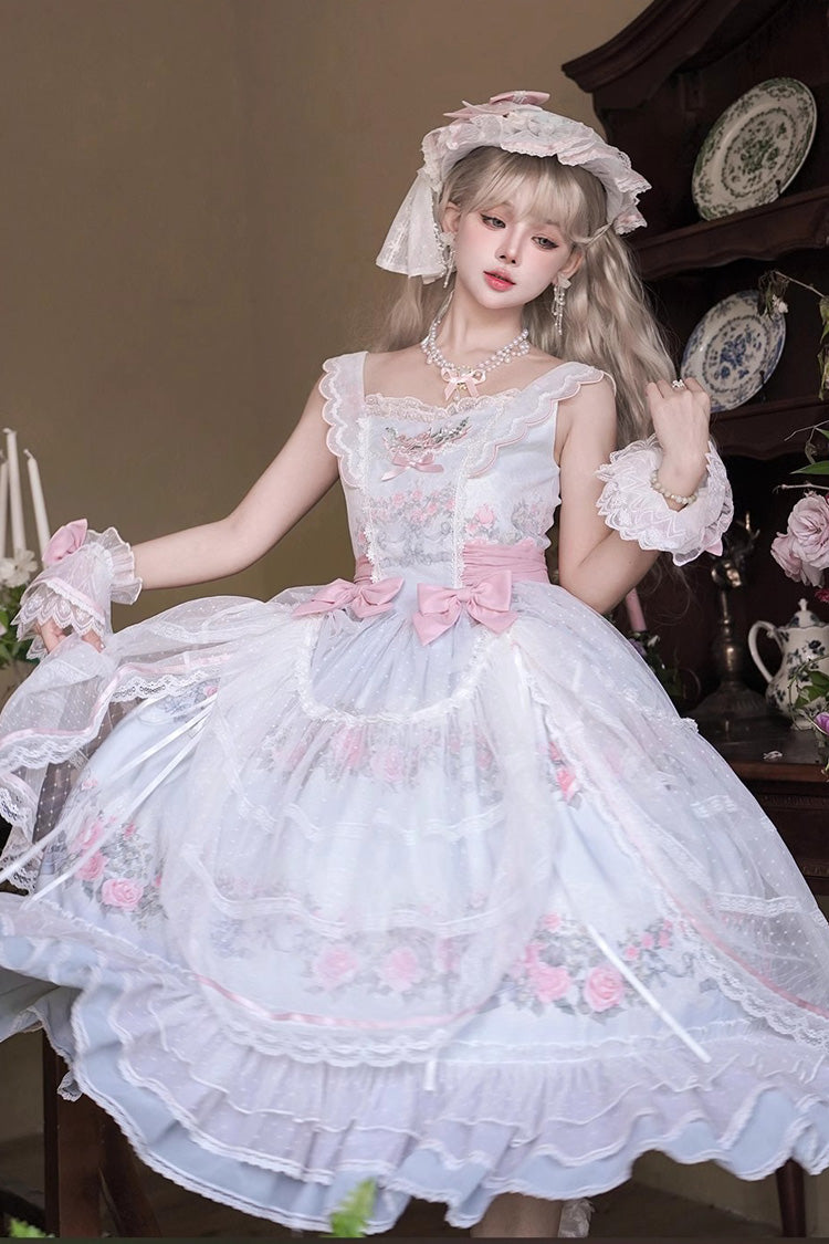 Rose Flower Cage Printed Ruffled Bow Sweet Elegant JSK