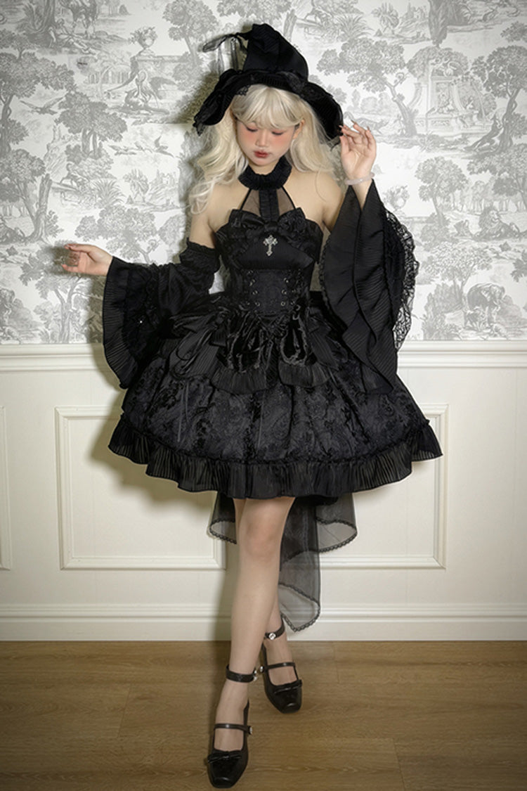 Solid Halterneck Ruffled Bowknot Drawstring Gothic Lolita Dress