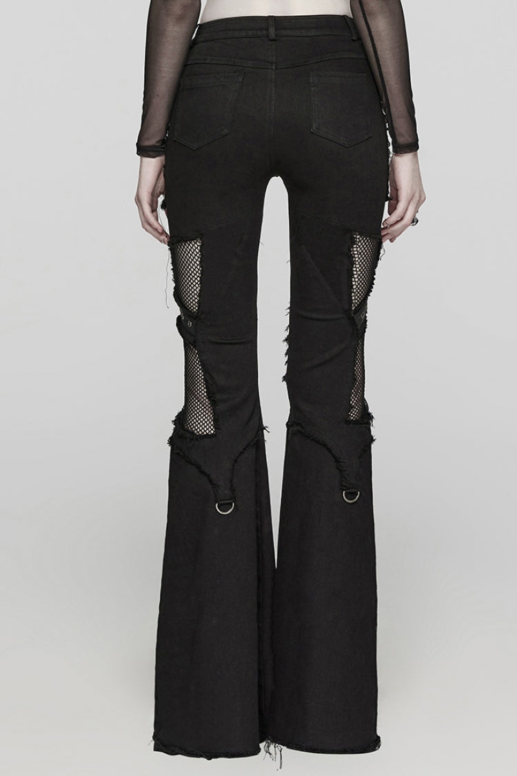 Flared Punk Pants with Eyelet Rings and Mesh Insets
