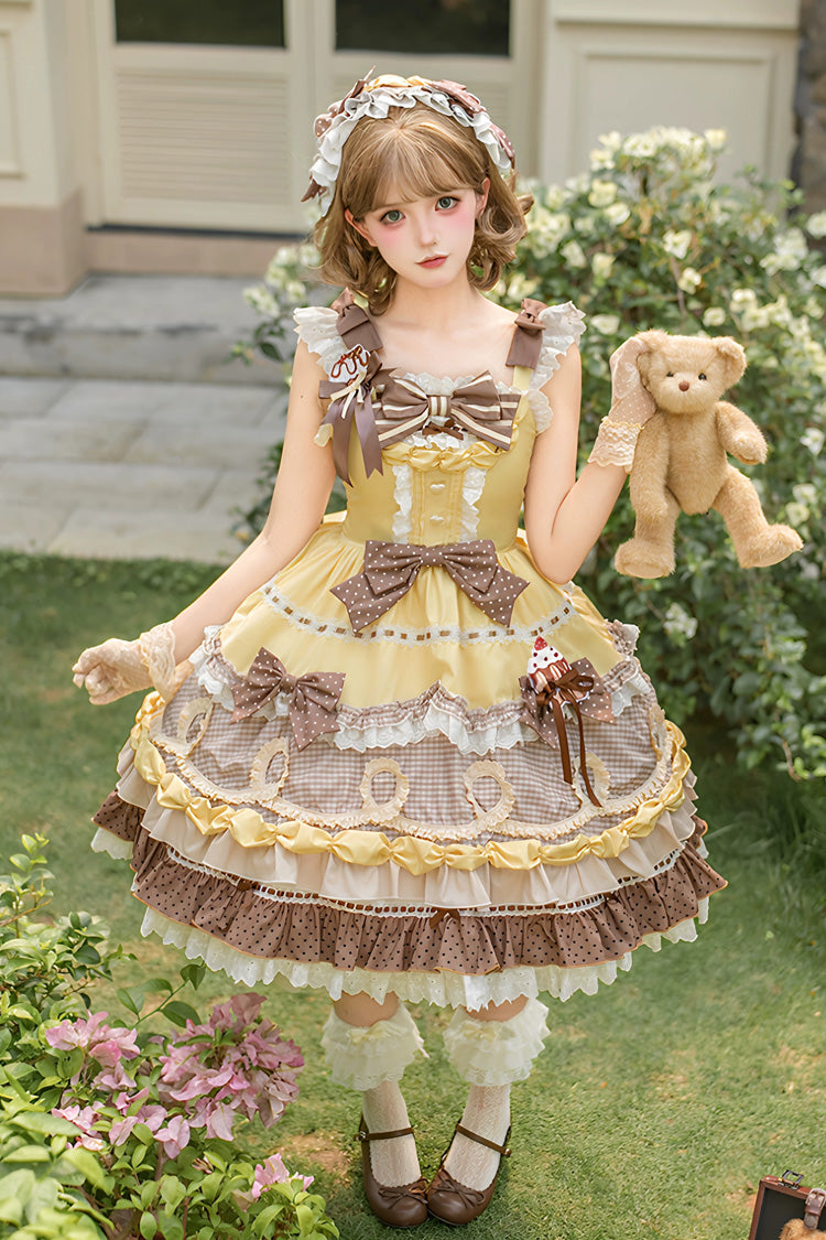 Yellow/Brown [Polka Dot Cake] Multi-Layered Printed Ruffled Bow Sweet Lolita OP Dress