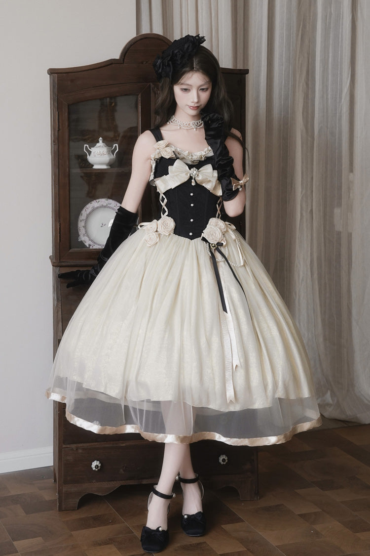 Black/White [Paris Souvenir] Sleeveless Ruffled Bow Lace-Up Fishbone Pearl-Decorated Classic Elegant Lolita Jsk Dress