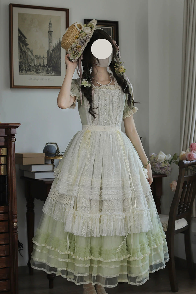 Vintage Ball Square Collar Lace Pearl Sweet Dress in Muscat Green