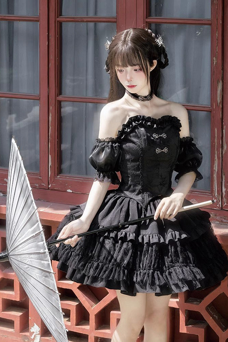 Gothic Lolita Skirt Set with Bamboo Dream, Dark Pattern, Ruffles and Multi-layer