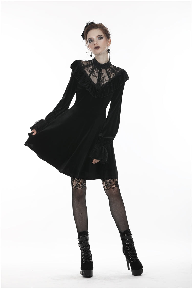 Black V-neck Long Sleeves Ruched Ruffled Lace Women's Lolita Gothic Velvet Dress
