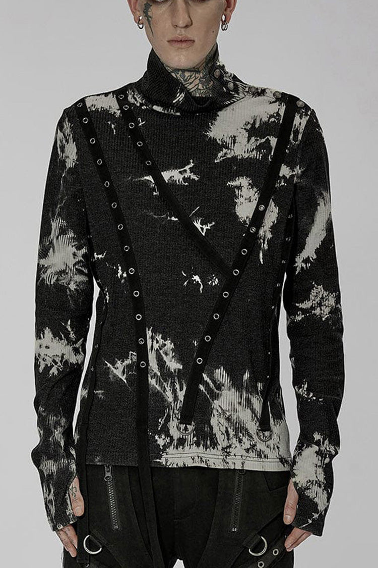 Monochrome Punk Shirt with Metal Buckles, Side Buttons, and Tie Dye