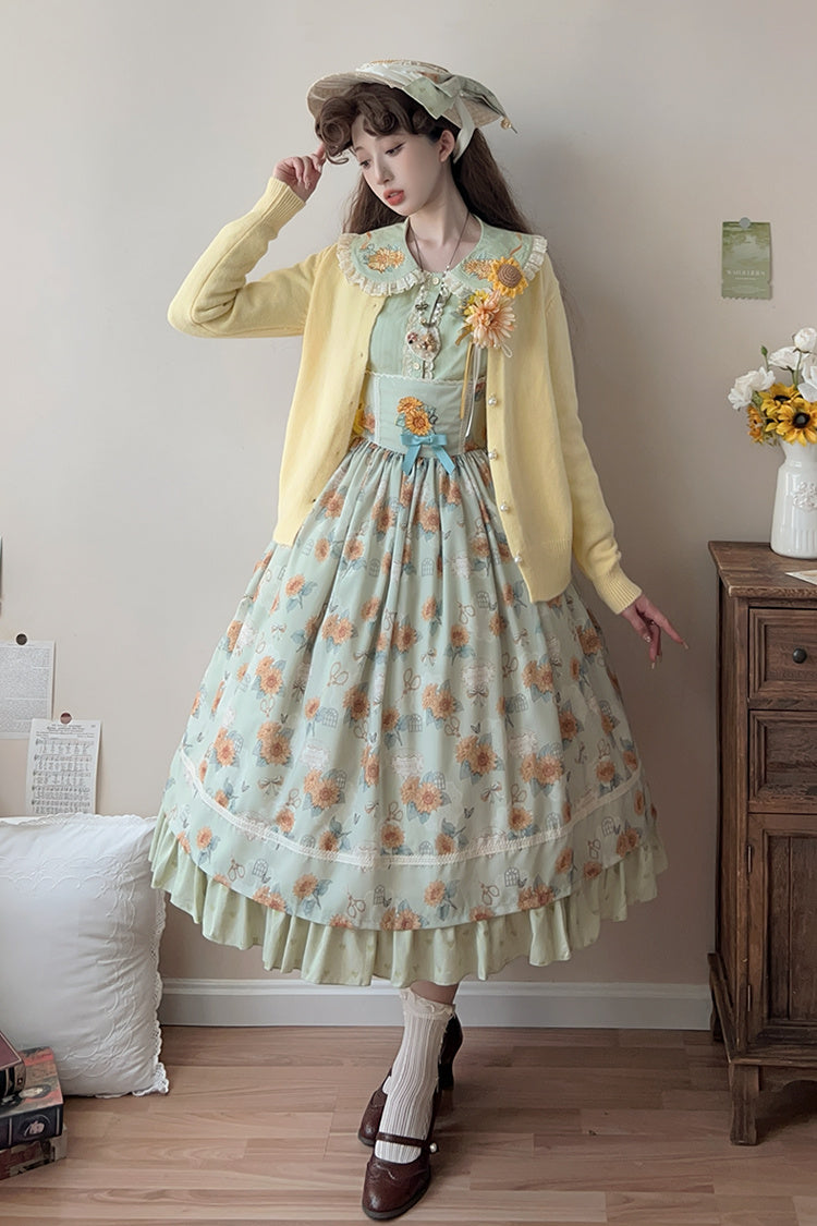 Green Sunflower Sleeveless Floral Bow Elegant Uplift Jsk