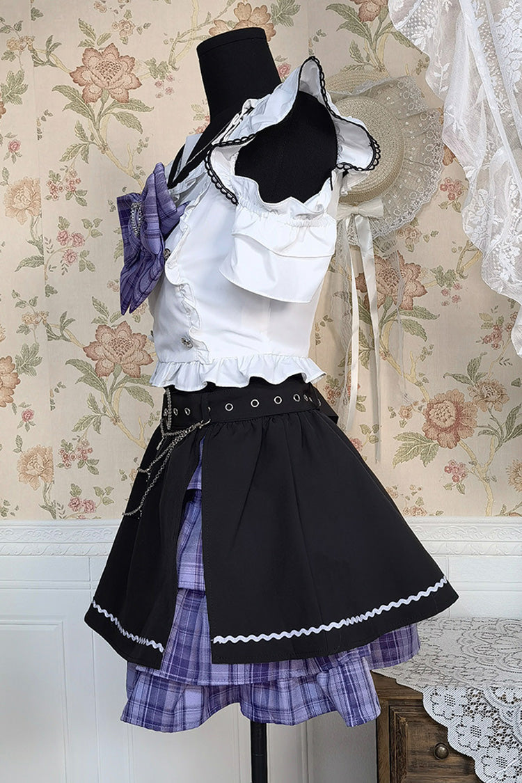 Black White Short Sleeve Printed Bow Sweet Jirai Kei Skirt Set